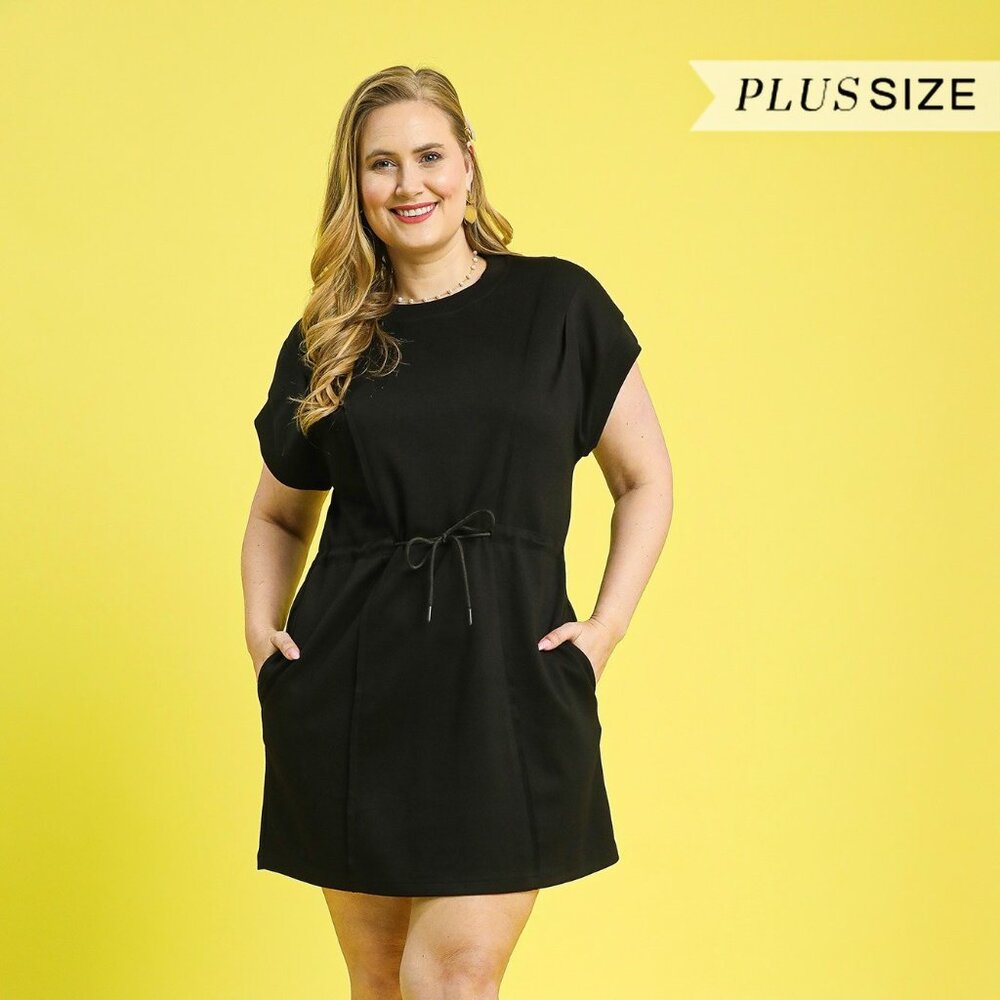 PLUS SIZE UMGEE BLACK LUXEKNIT DRAWSTRING WAIST DRESS